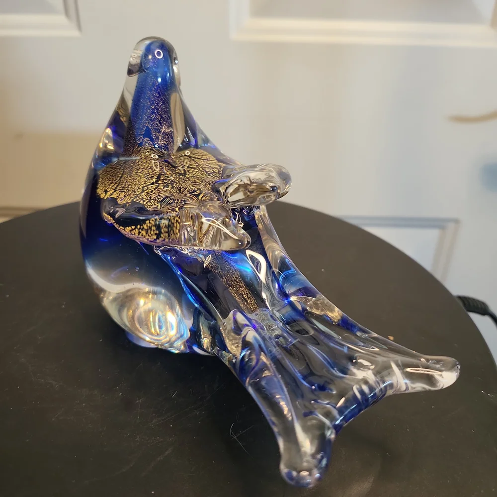 Hand Blown Glass Blue Bird with Gold Flakes - Picture 6 of 10